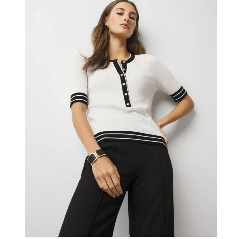 WHBM Elbow-Sleeve Henley Sweater Top 82% cotton18% nylon bottom band Sz XS